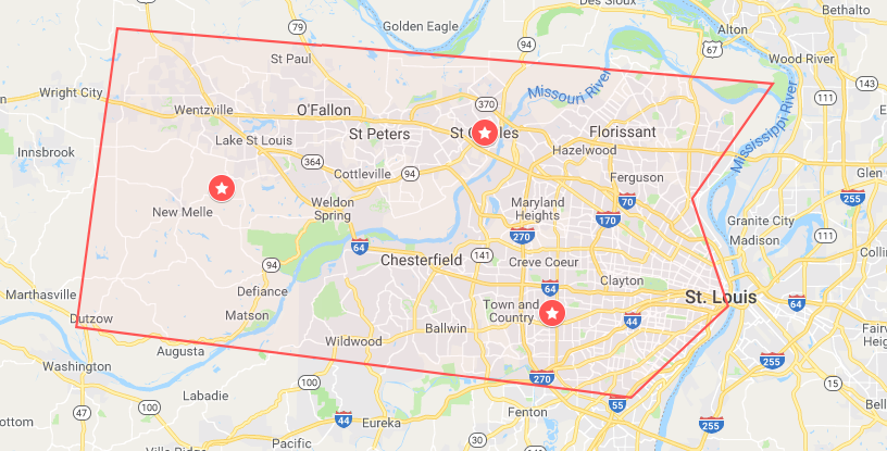 Map of the Astra Painters service area: St. Louis City, St. Louis County and St. Charles County